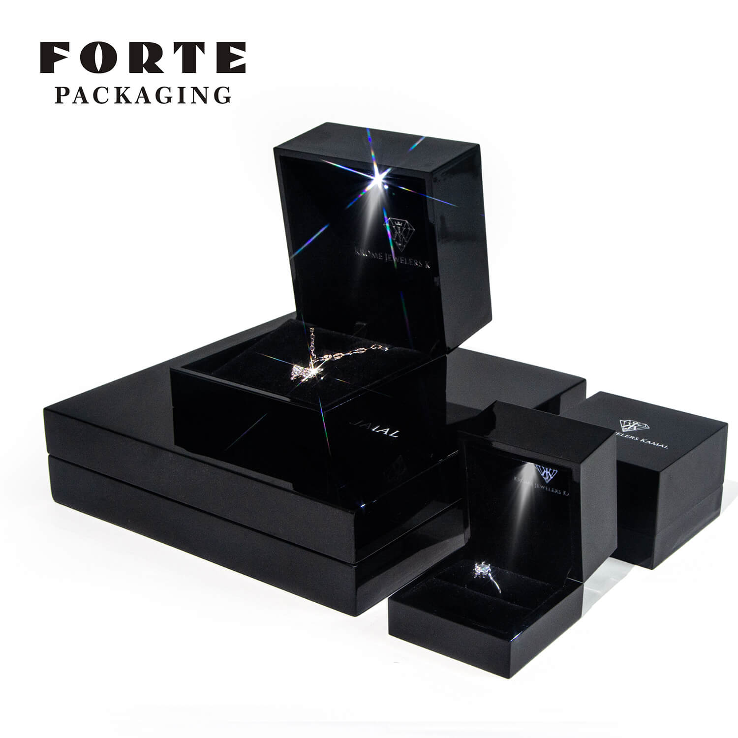 Forte Newest design black shiny Piano lacquer painting LED jewelry packaging box custom logo printed ring storage box with LED light