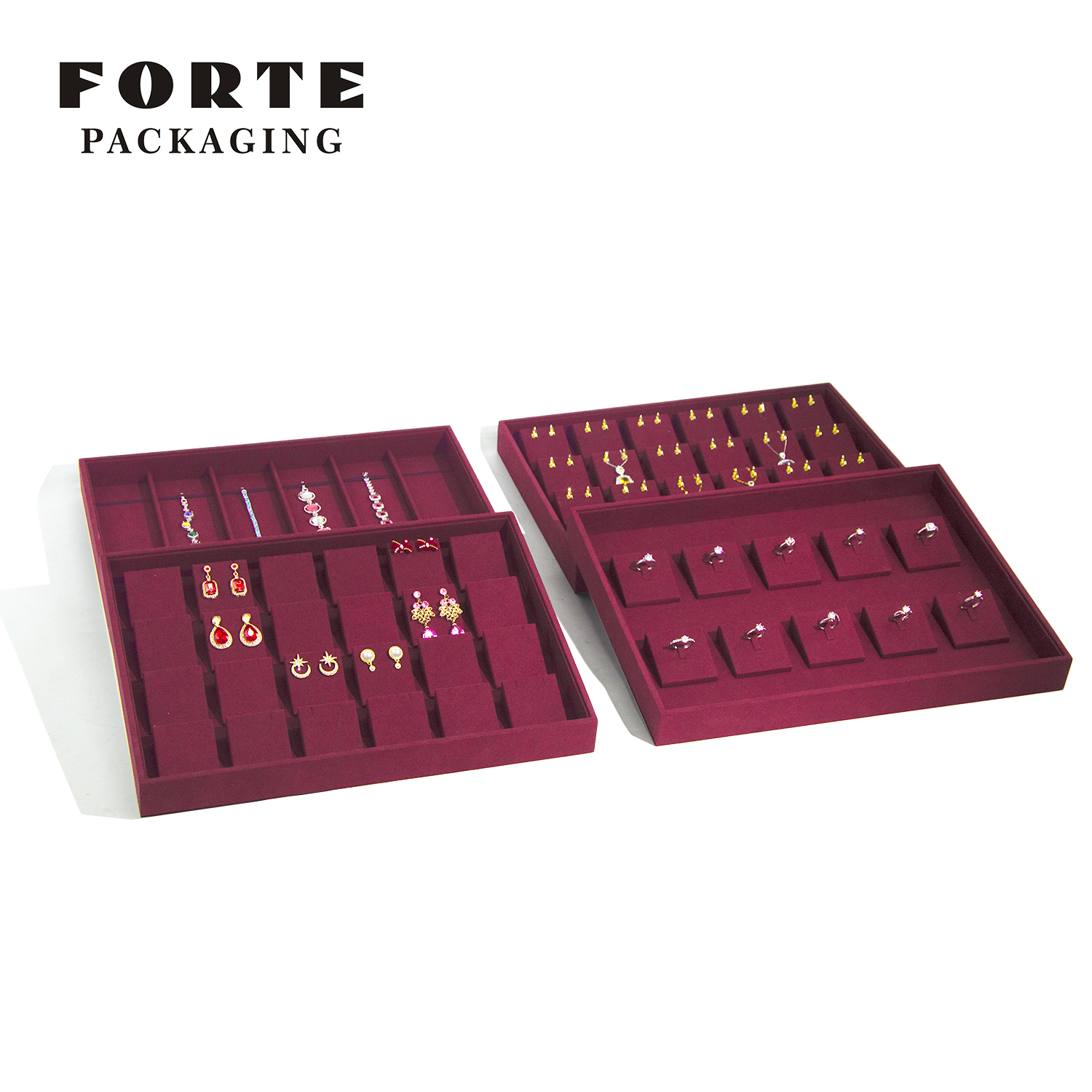 FORTE Jewelry Tray OEM Red Display Tray Set Microfiber Necklace Bracelet Ring Trays