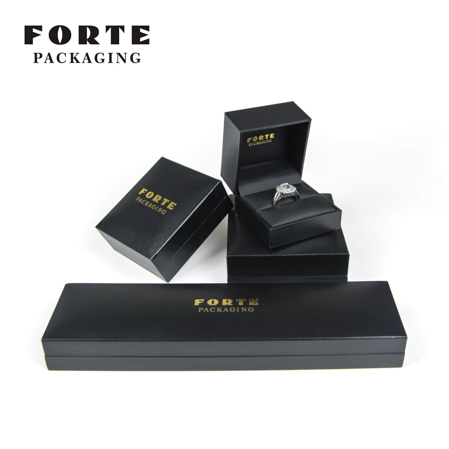 FORTE Manufacturer Wholesale hot sale black Luxury custom leatherette paper jewelry packaging box for ring pendant bracelet