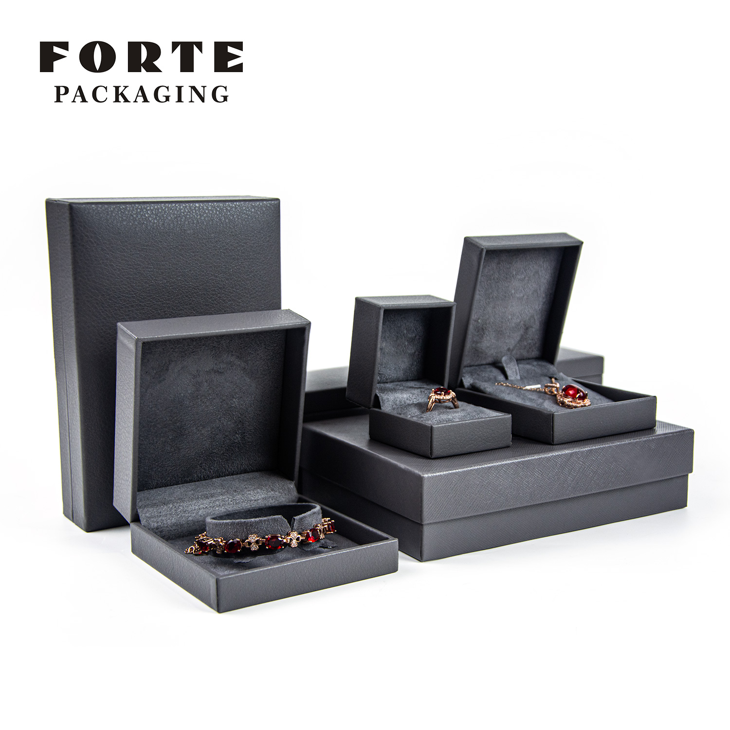 FORTE Luxury custom grey ring pendant necklace bangle bracelet leatherette paper jewelry packaging box 