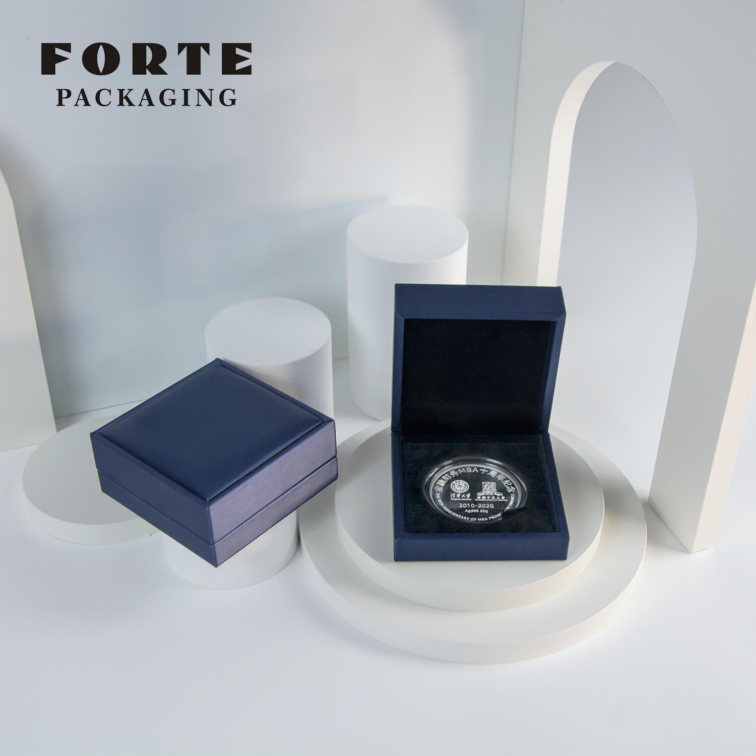FORTE hot stamping sliver wholesale PU leather special customize badge organizer blue commemorative coin boxes