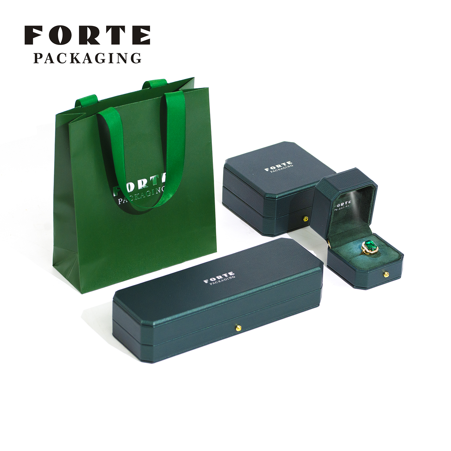 FORTE new green design LED jewelry packaging box high quality PU leather jewelry packing box with light 