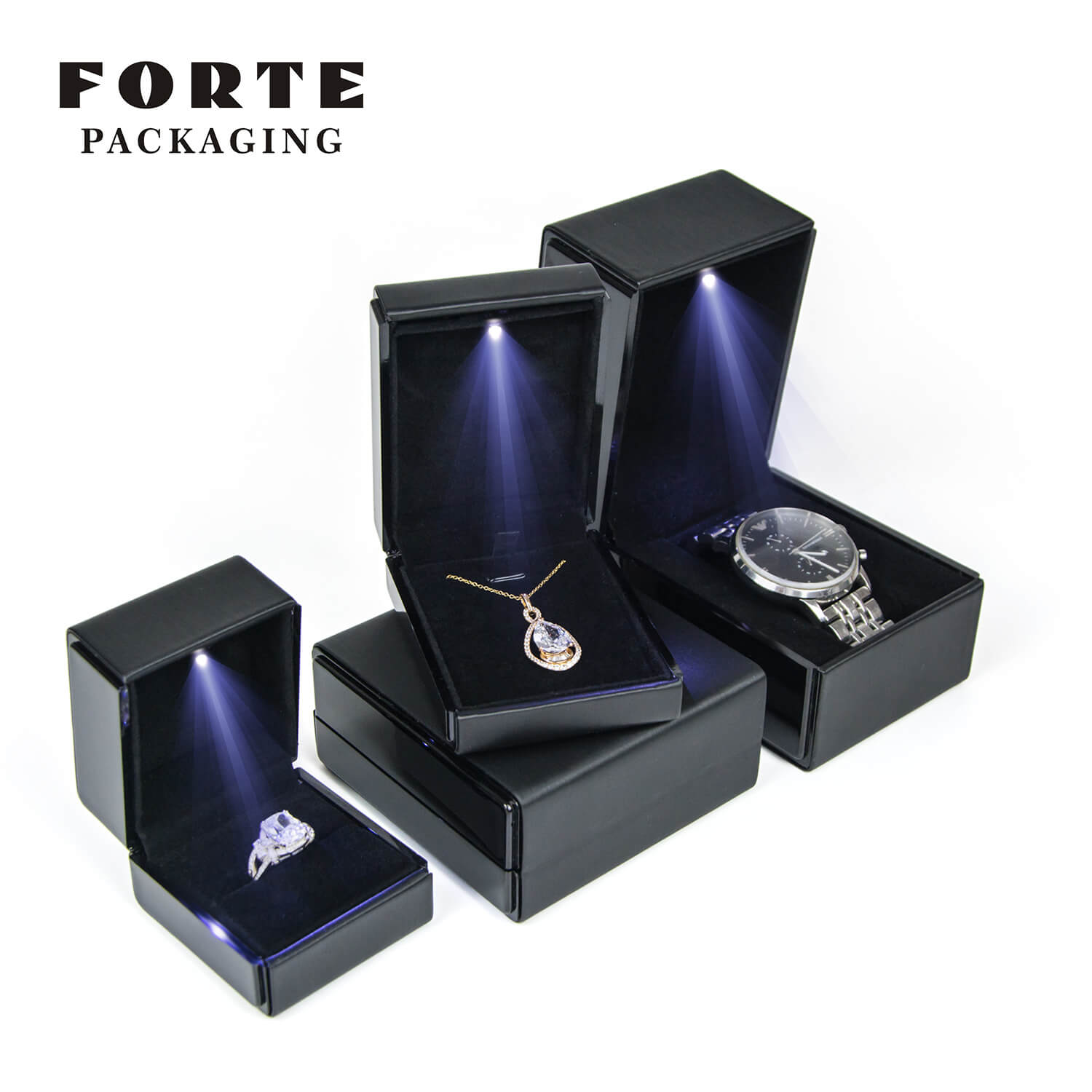 FORTE black piano lacquer LED light box ring pendant watch Jewelry Packaging 