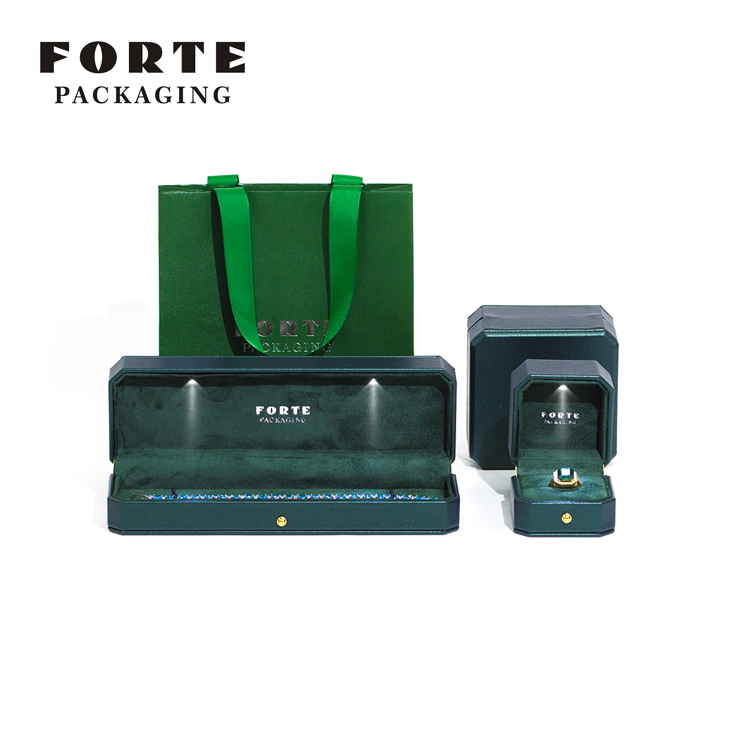 FORTE new green design LED jewelry packaging box high quality PU leather jewelry packing box with light 