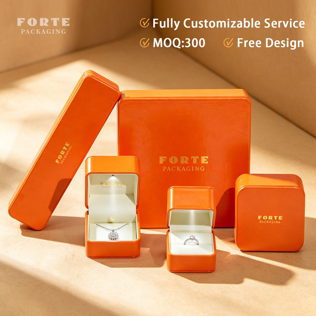Forte Gold Foil logo Custom Handmade Jewelry Gift Boxes Orange Necklace Bracelet Ring Packaging Luxury Led Jewelry Box