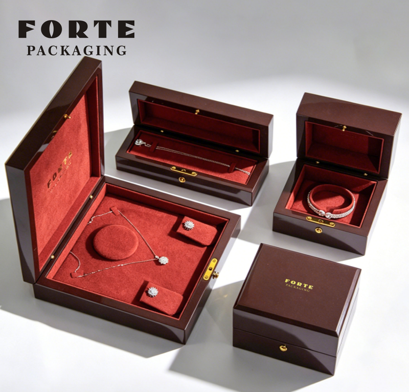 FORTE Metal Snap Fastener Luxury Necklace Bracelet Storage Jewelry Wooden Boxes Custom Wooden Jewelry Box with logo