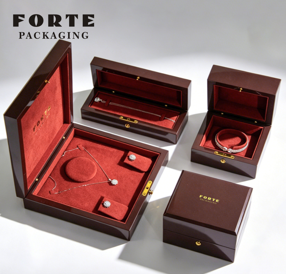 FORTE Metal Snap Fastener Luxury Necklace Bracelet Storage Jewelry Wooden Boxes Custom Wooden Jewelry Box with logo