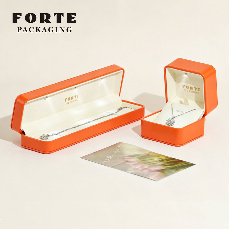 Forte Gold Foil logo Custom Handmade Jewelry Gift Boxes Orange Necklace Bracelet Ring Packaging Luxury Led Jewelry Box