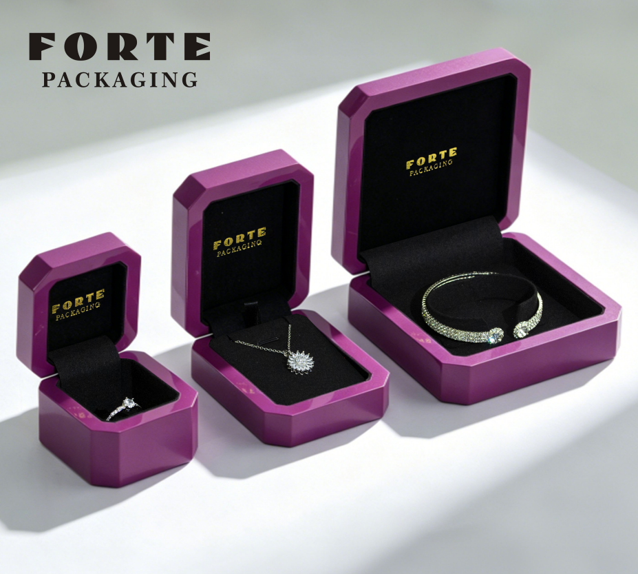 FORTE Custom Logo Purple Octagonal Wooden Jewelry Box Elegant Luxury for Rings Earrings Necklaces