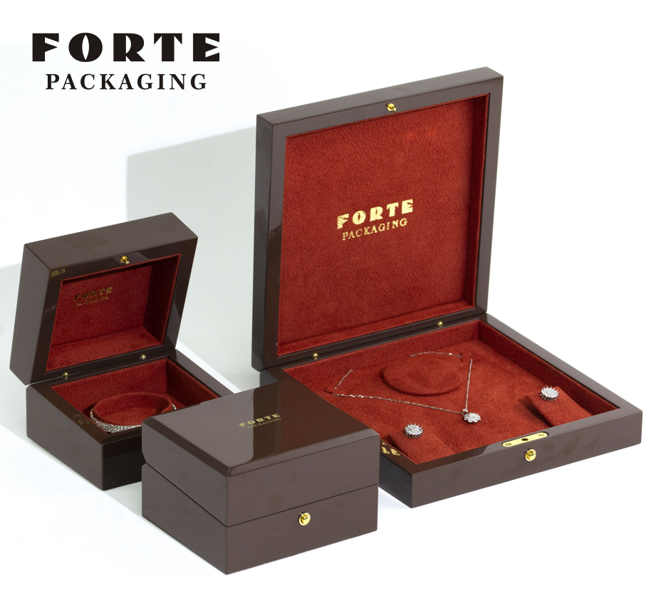 FORTE Metal Snap Fastener Luxury Necklace Bracelet Storage Jewelry Wooden Boxes Custom Wooden Jewelry Box with logo