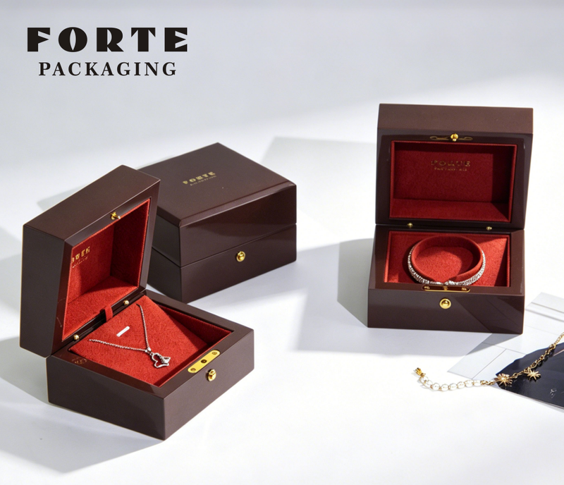 FORTE Metal Snap Fastener Luxury Necklace Bracelet Storage Jewelry Wooden Boxes Custom Wooden Jewelry Box with logo