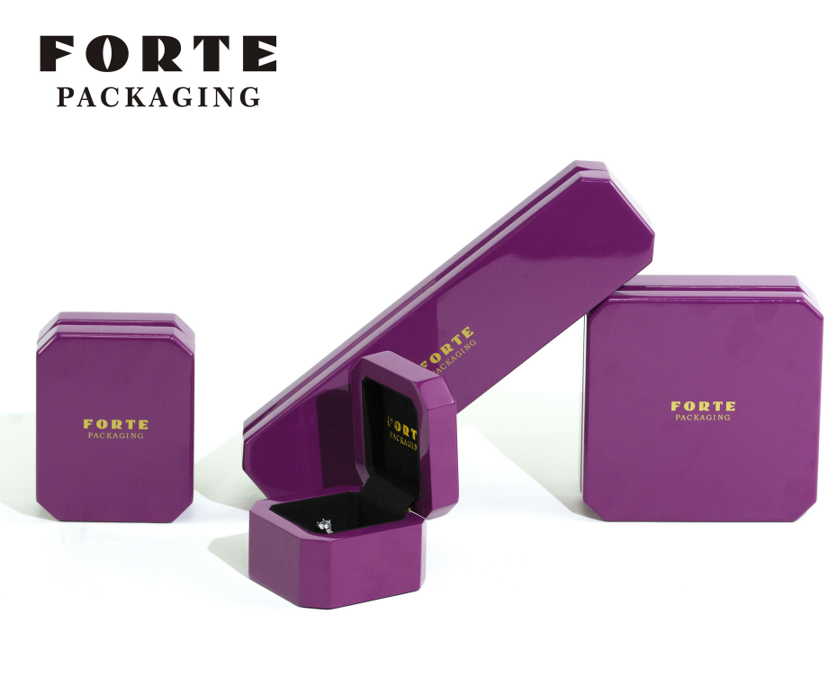 FORTE Custom Logo Purple Octagonal Wooden Jewelry Box Elegant Luxury for Rings Earrings Necklaces